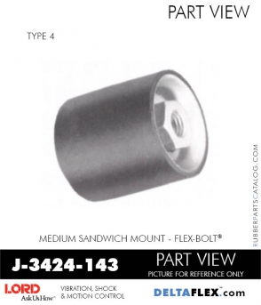 RubberPartsCatalog.com - LORD Corporation Flex-Bolt Sandwich Mounts - J-3424-143 Rubber-Parts-Catalog-Delta-Flex-LORD-Flex-Bolt-Medium-Sandwich-Mounts-Femal-Female-J-3424-143