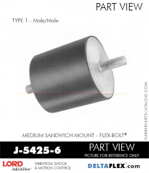 RubberPartsCatalog.com - LORD Corporation Flex-Bolt Sandwich Mounts - J-5425-6 Rubber-Parts-Catalog-Delta-Flex-LORD-Flex-Bolt-Medium-Sandwich-Mounts-Male-Male-J-5425-6