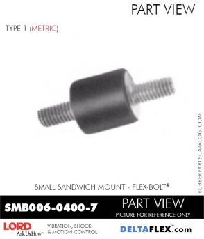 RubberPartsCatalog.com Deltaflex LORD Corporation Sandwich Mount SMB006-0400-7 Rubber-Parts-Catalog-Delta-Flex-LORD-Corporation-Flex-Bolt-Small-Sandwich-Mounts-SMB006-0400-7